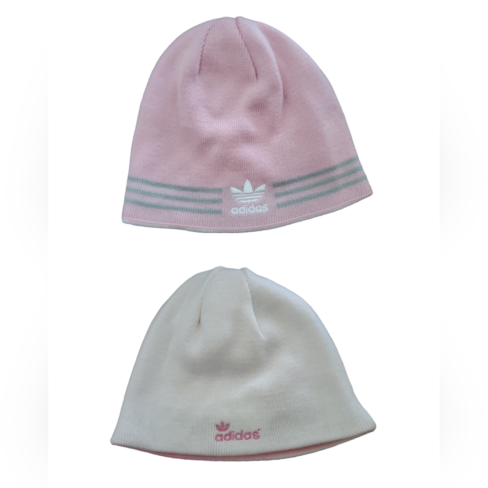 Adidas Reversible Beanie Pink and White Logo Sweater Knit Hat Cap Women